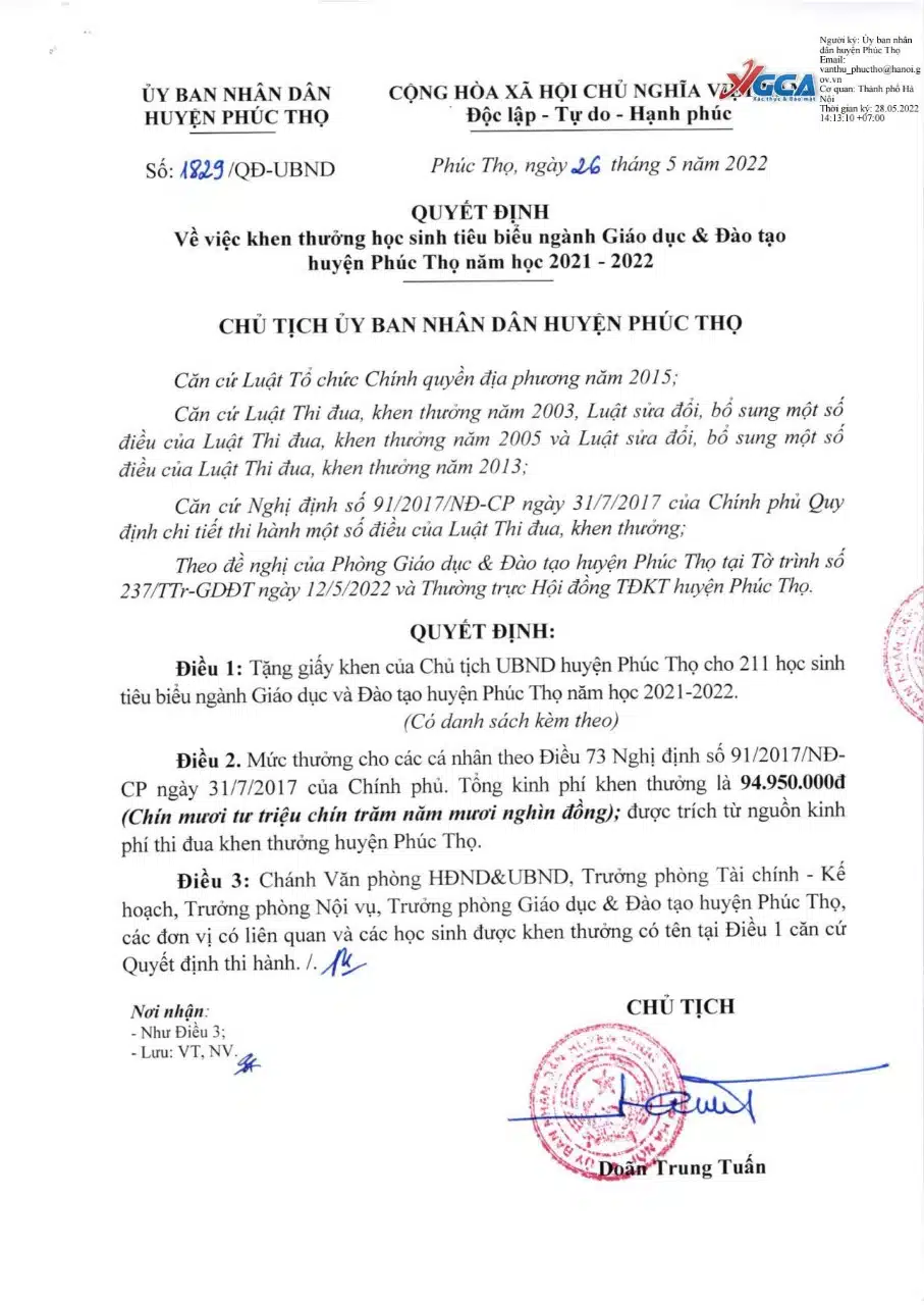 DANH SÁCH KHEN THƯỞNG HỌC SINH TIÊU BIỂU NGÀNH GIÁO DỤC VÀ ĐÀO TẠO HUYỆN PHÚC THỌ NĂM HỌC 2021-2022