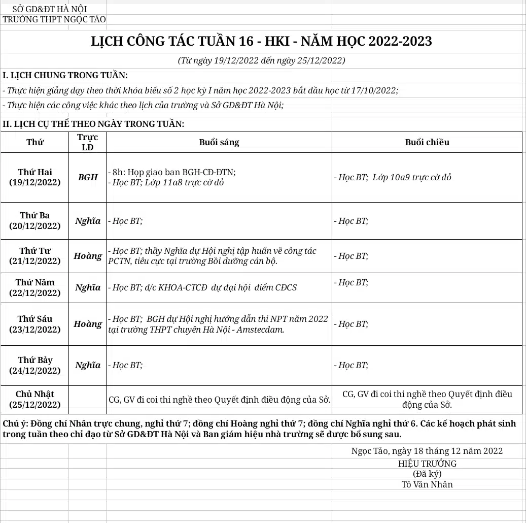 LỊCH CÔNG TÁC TUẦN 16 – HKI – NĂM HỌC 2022-2023(Từ ngày 19/12/2022 đến ngày 25/12/2022)