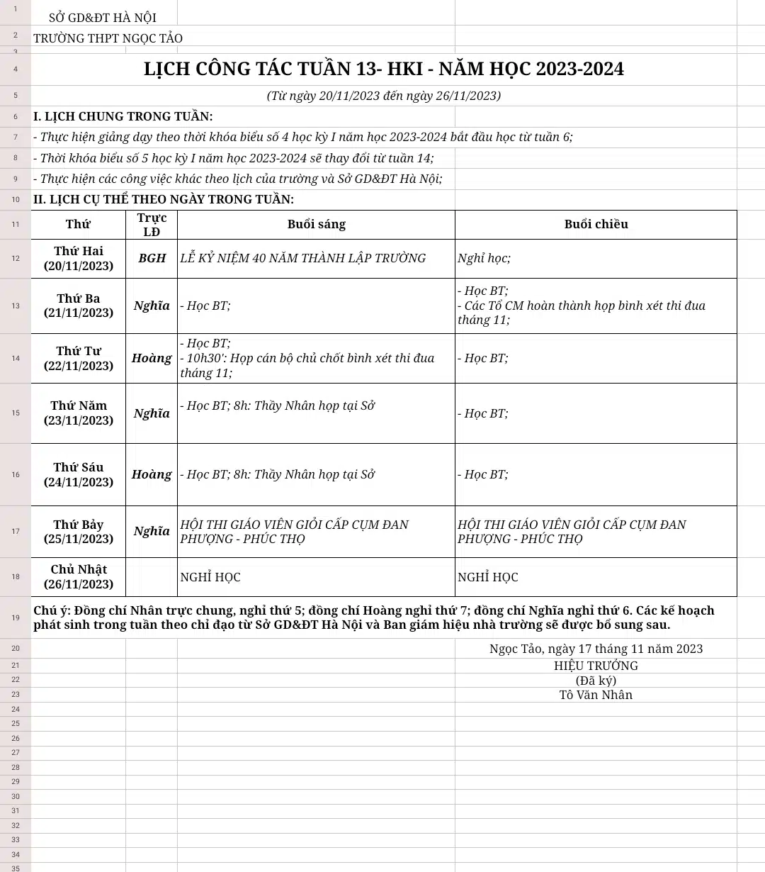 LỊCH CÔNG TÁC TUẦN 13- HKI – NĂM HỌC 2023-2024 (Từ ngày 20/11/2023 đến ngày 26/11/2023)