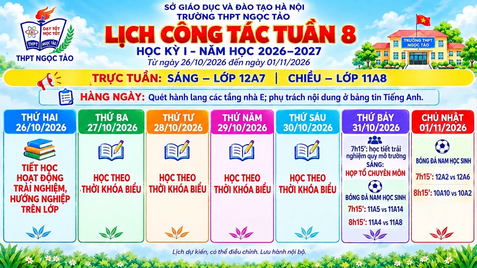 LỊCH CÔNG TÁC TUẦN 8 HỌC KỲ 1 NĂM HỌC 2026-2027