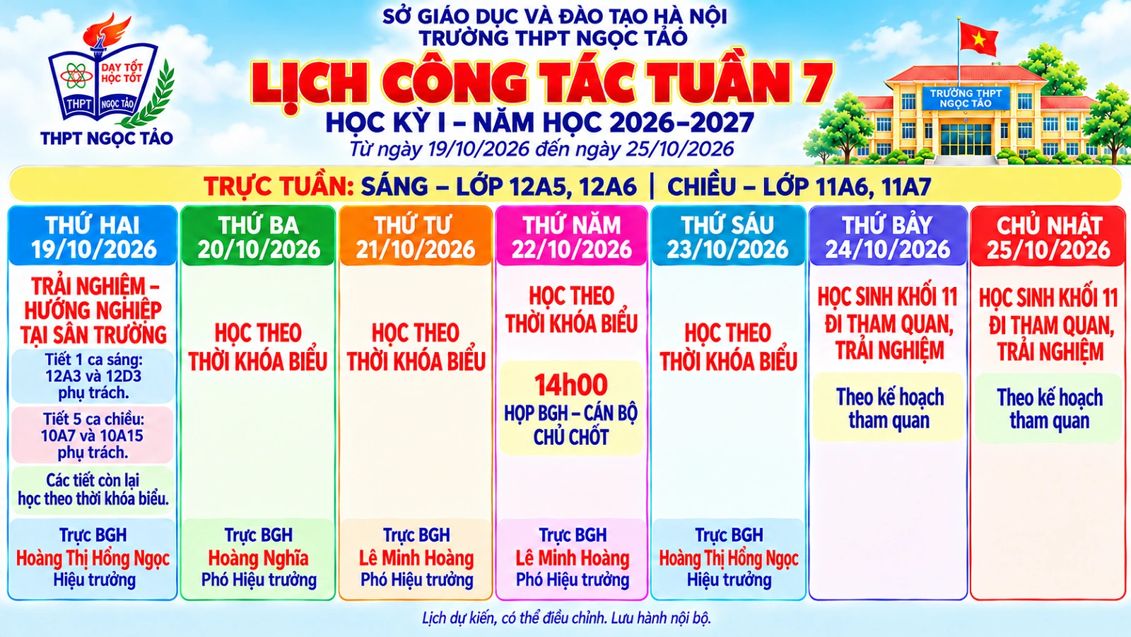 Lịch công tác tuần 7 – học kỳ 1 năm học 2026 – 2027